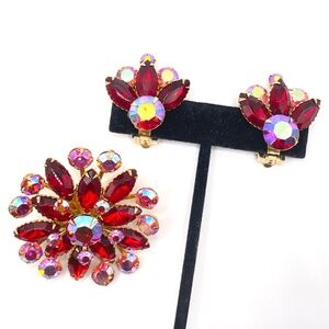 Beaujewels Signed Vintage Red AB Rhinestone Brooch Clip-on Earrings Set